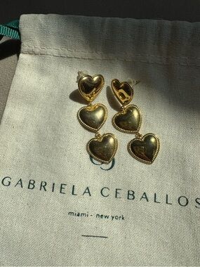 NWOT Gabriella Ceballos Statement Gold Heart Earrings 1.75” Drop with Pouch!